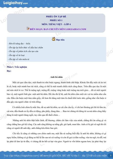 Đề ôn hè Tiếng Việt 4 lên 5 có lời giải chi tiết - Đề 1